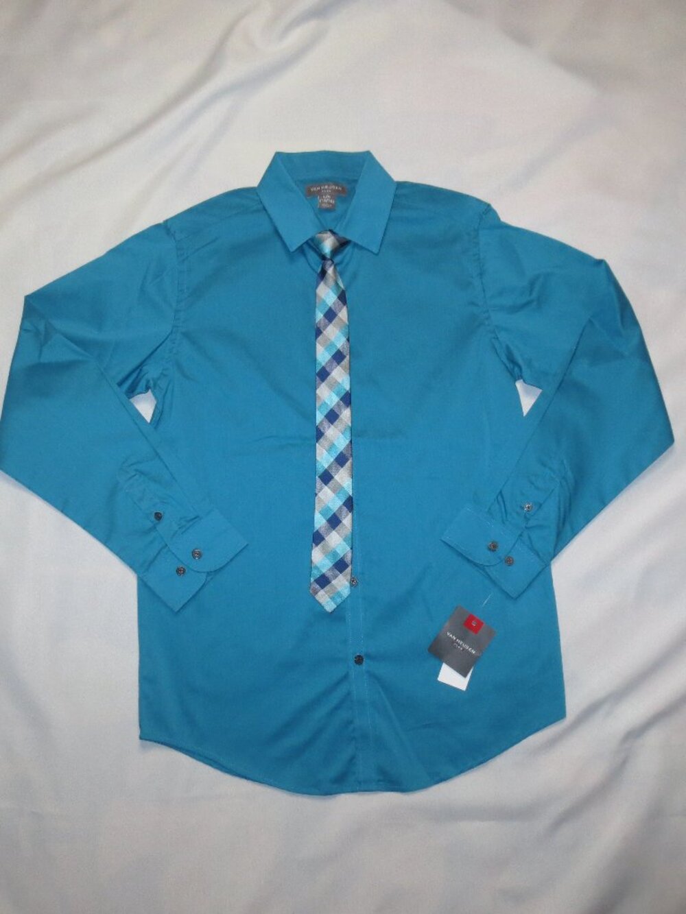 NWT VAN HEUSEN boys FLEX teal BUTTON-DOWN tie DRESS SHIRT dance TIE size 14/16 L